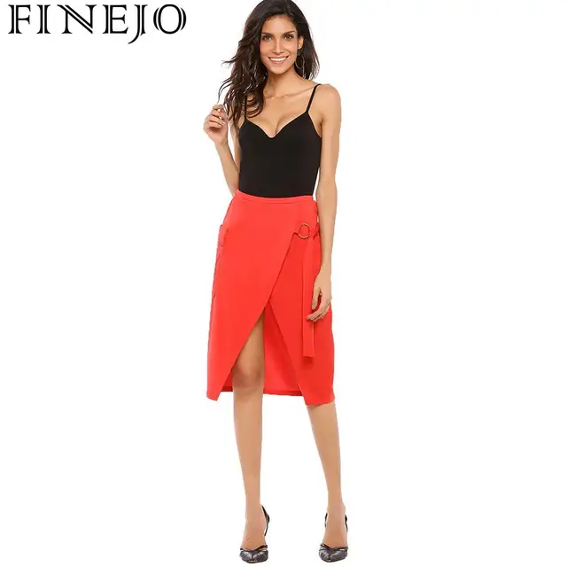 FINEJO Tie Faux Wrap Elastic Waist Women Up Solid Casual Midi Skirt with Pocket