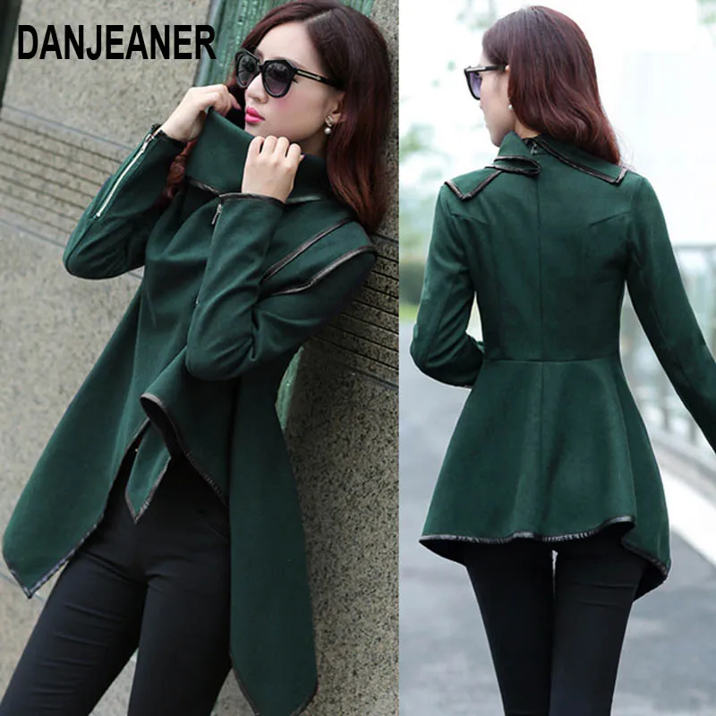 

Danjeaner Autumn Winter Trench Coat Women Irregular Collar Lapel Side Zipper Woolen Coat Women Loose Sweater Outwear Plus Size
