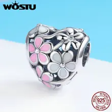 WOSTU, 925 пробы, серебряный, весенний, розовый, цветок маргаритки, бусины, шарм, подходят к оригинальному браслету и браслету, хорошее ювелирное изделие, подарки, FIC761