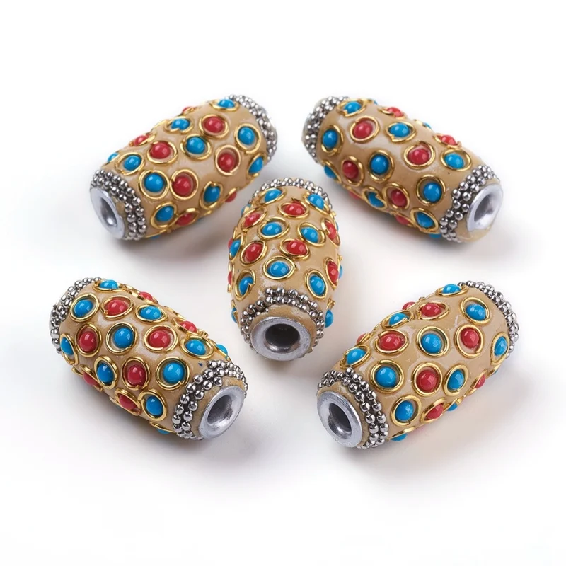 

5pc Handmade Indonesia Beads with Metal Findings and Resin Cabochons Antique Silver Color Plated Oval DIY Jewelry Accessories