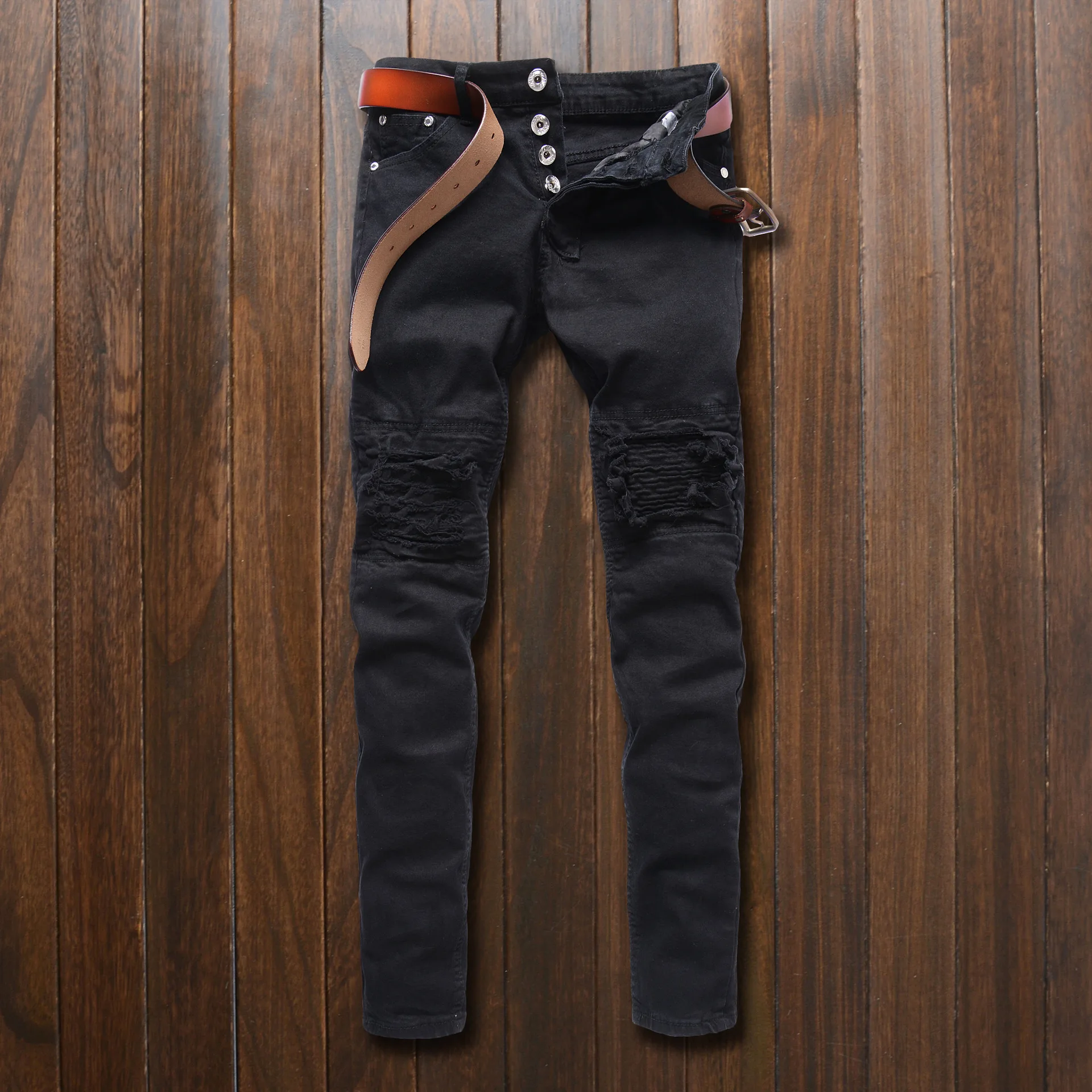 Бренд дизайнер Slim Fit рваные джинсы для мужчин Hi-Street рваные на коленках отверстия промывают разрушенные джинсы в гармошку - Цвет: Черный