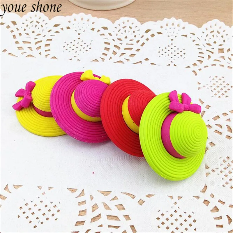 

YOUE SHONE 1PCS Creative Rubber Eraser Cartoon Cute Summer Cool Visor Straw Hat Hat Styling Erasers Student Stationery 4*4*1.4CM