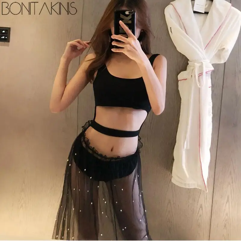 

Bonitakinis Korean one-piece swimsuit Slim women Steel Push Up Gathered Hollow Out sexy beachwear hot spring swimsuit with beads