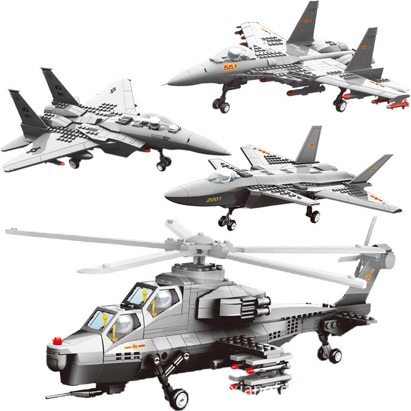 

Military 4 Plane Building Blocks Set WZ10 Gunship Helicopter J15 J20 F15 Stealth Fighter Brick Airplane Toy Compatible legoingly