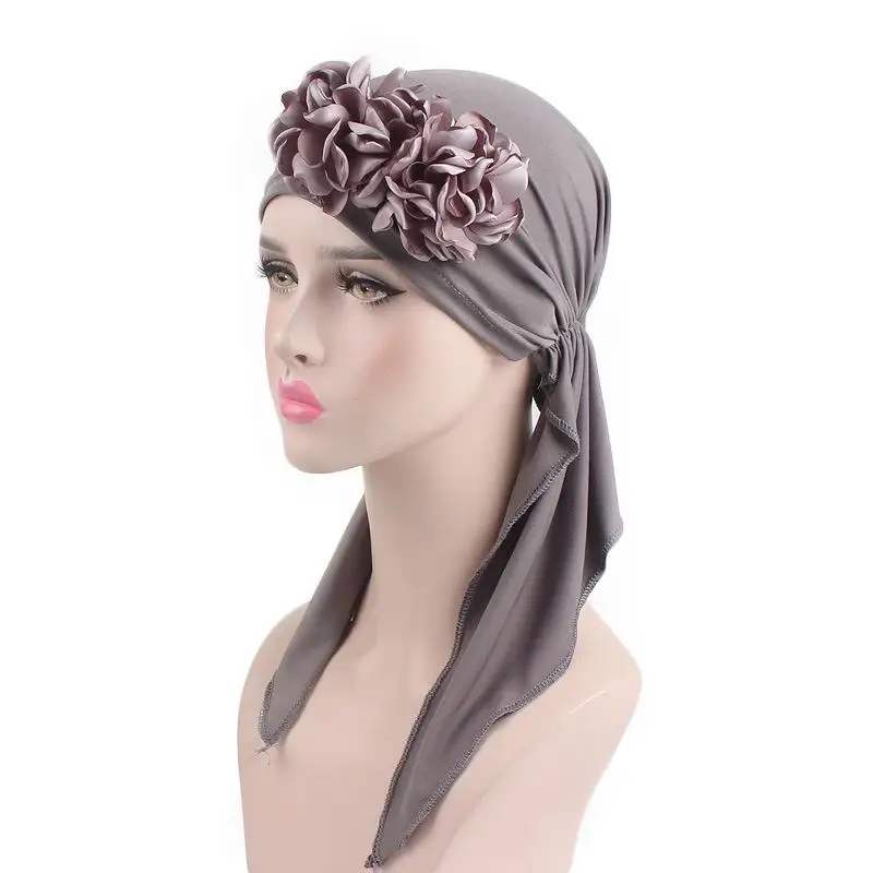 Мусульманская женская цветочная Кепка, кепка с длинным хвостом, кепка для выпадения волос, головной шарф, тюрбан - Цвет: Серый
