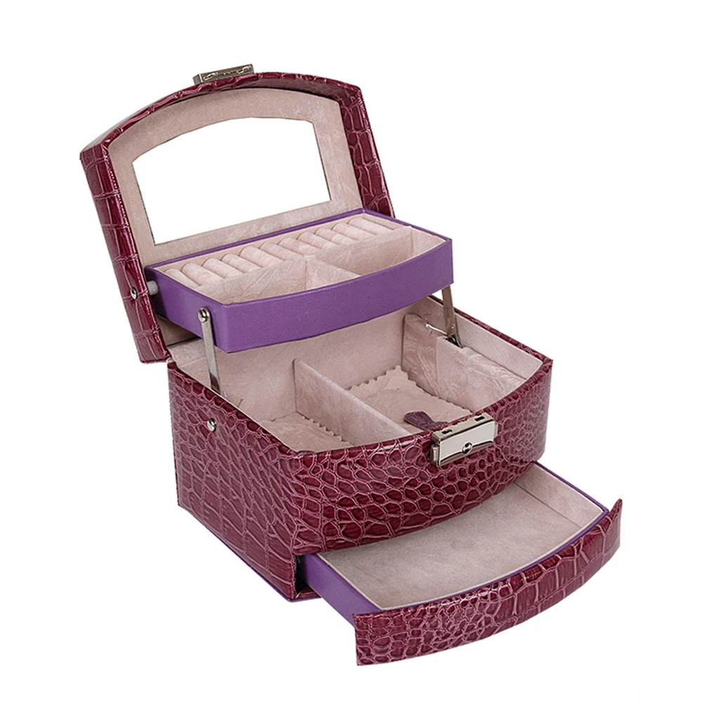 

PU Leather Crocodile Pattern 3-Tier Mirror Jewelry Box Organizer Cosmetic Makeup Bag Case Lockable Earings Bracelets Storage