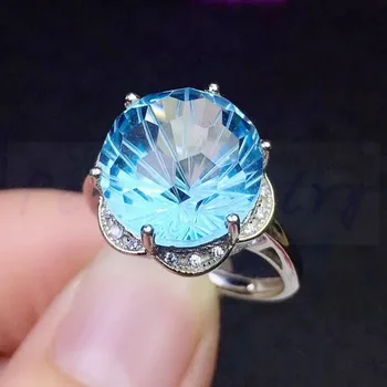 

Natural real blue topaz round flower ring Free shipping 925 sterling silver 7.8ct big gemstone For men or women #S951517