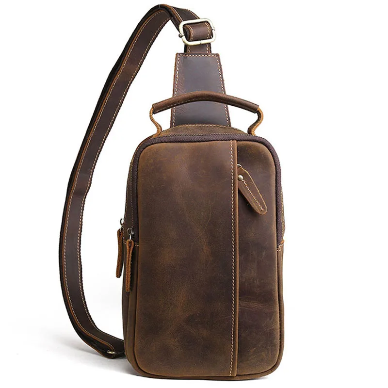 Kopen 2019 Mannen Vintage Crazy Horse Lederen Koeienhuid Sling Borst Terug Handtas Cross Body Messenger Schouder Pack Reistas