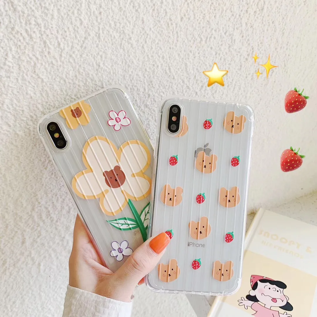 

Newest summer cute sun flower bear phone case For iphone Xs MAX XR X 6 6s 7 8 plus suitcase design couple soft TPU back Cover