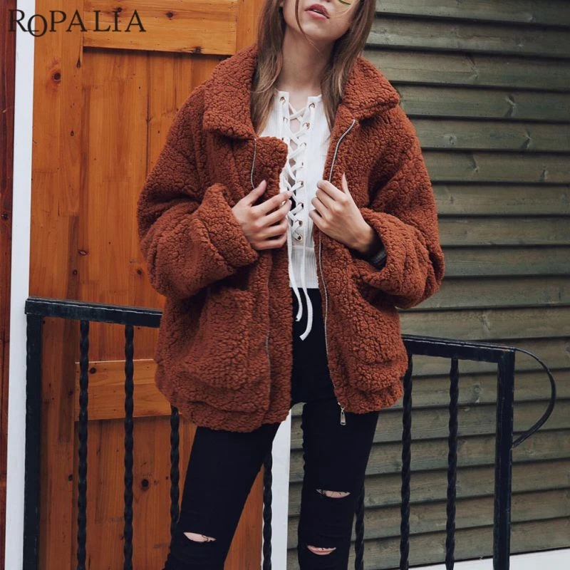 

New Fashion Warm Zipper Pockets Blends Women Turn-down Collar Coat Long Sleeve Oversized Loose Lambswool Outwear Coats