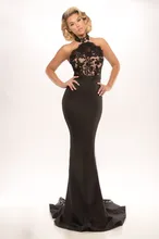 2016 neue Designer Schwarz Navy Halter High Neck Mermaid Frauen Abendkleidung Gericht Zug Spitze Satin Prom Kleider