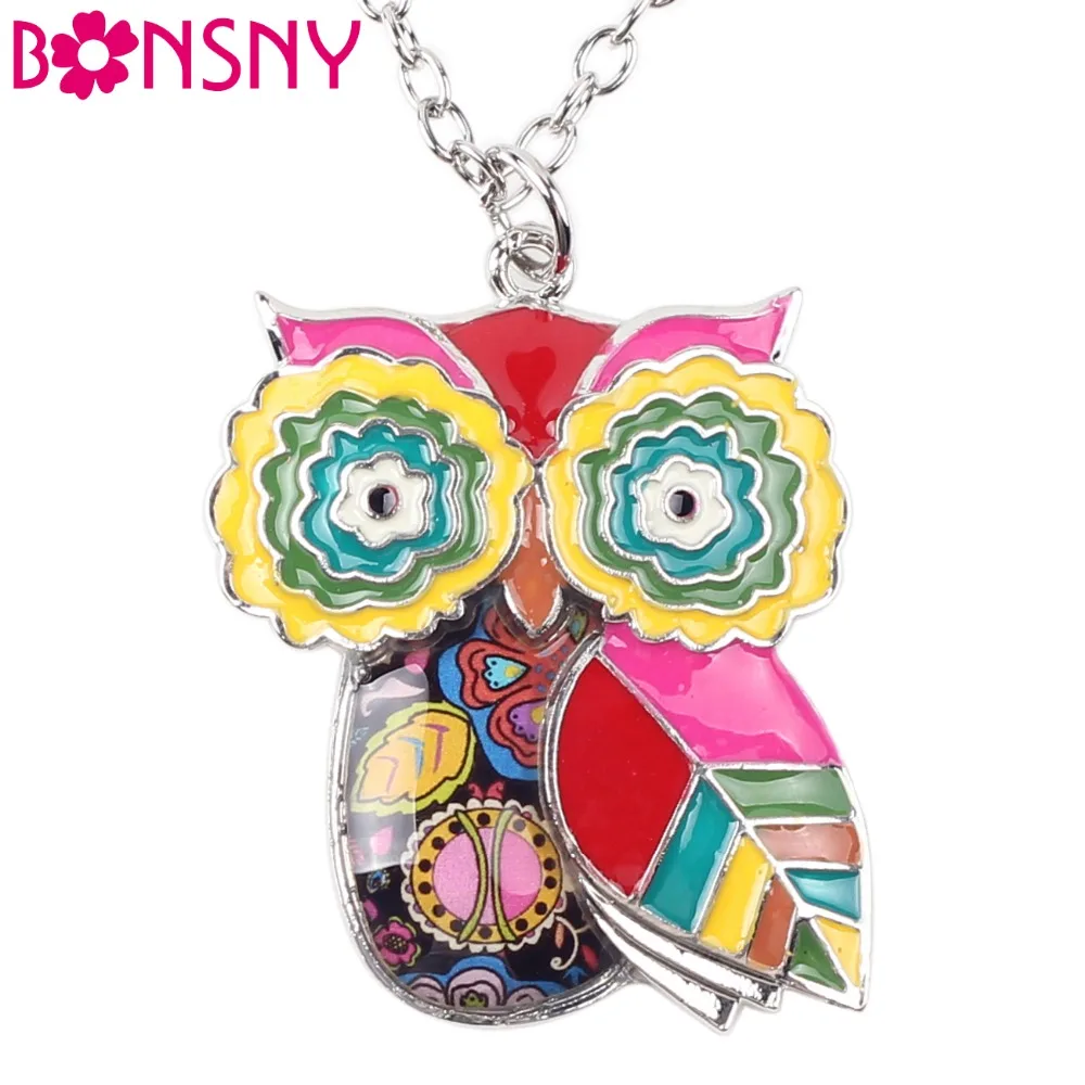 Bonsny Maxi Statement Metal Alloy Enamel Jewelry OWL Necklace Chain