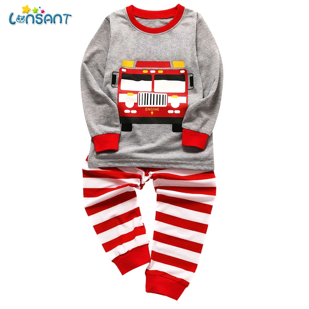 

LONSANT Hot kids pajamas sets Baby girls boys clothes Cartoon Car Printed long sleeve T-shirt Tops+Striped Pants 2 PCS sleepwear