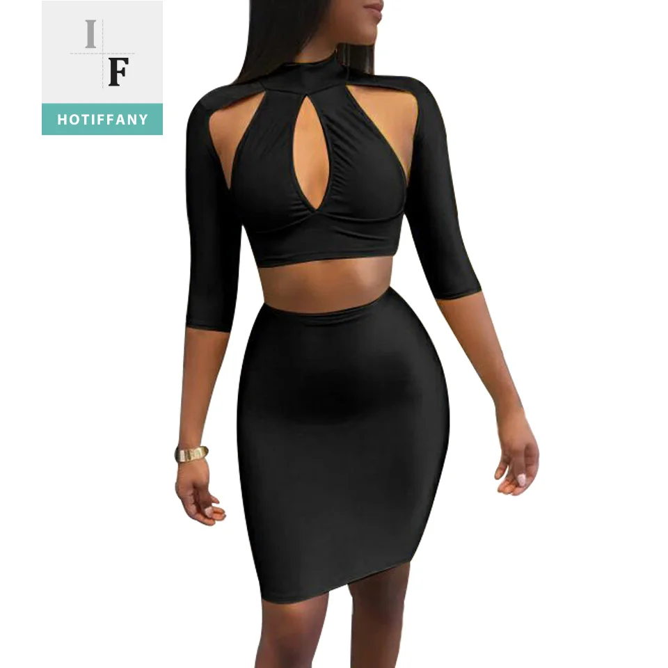 HOTIFFANY 2 Piece Set Women Skirt Suits 2018 Summer Black Sexy T Shirts Tops Femme Three Quarter Bodycon Solid Skirts Hollow Out | Женская