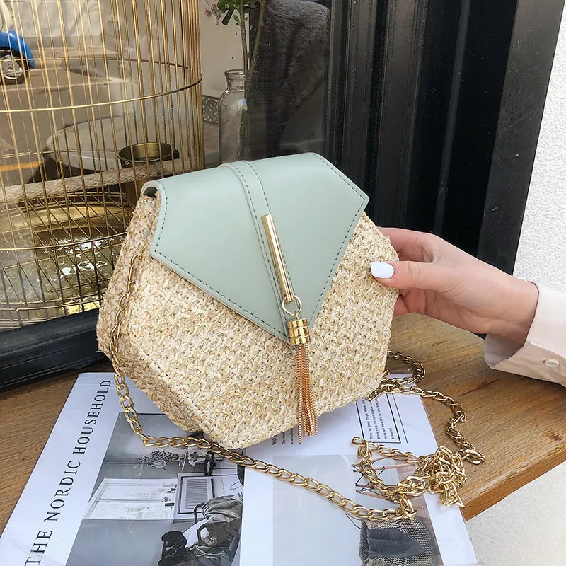 

Hexagon Mulit Style Straw+leather Handbag Women Summer Rattan Bag Handmade Woven Beach Circle Bohemia Shoulder Bag New Fashion