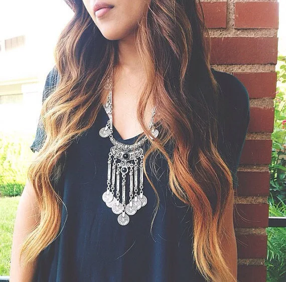 

New Fashion Retro Antique Silver Tassels Long Carving Coins Necklace Gypsy Bohemian Boho Jewelry For Women Fine Jewelry