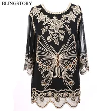BLINGSTORY/Винтажный стиль 1950 s, летние женские футболки больших размеров, футболка с вышитыми блестками бабочками и рукавами «четверть», KR3610-2