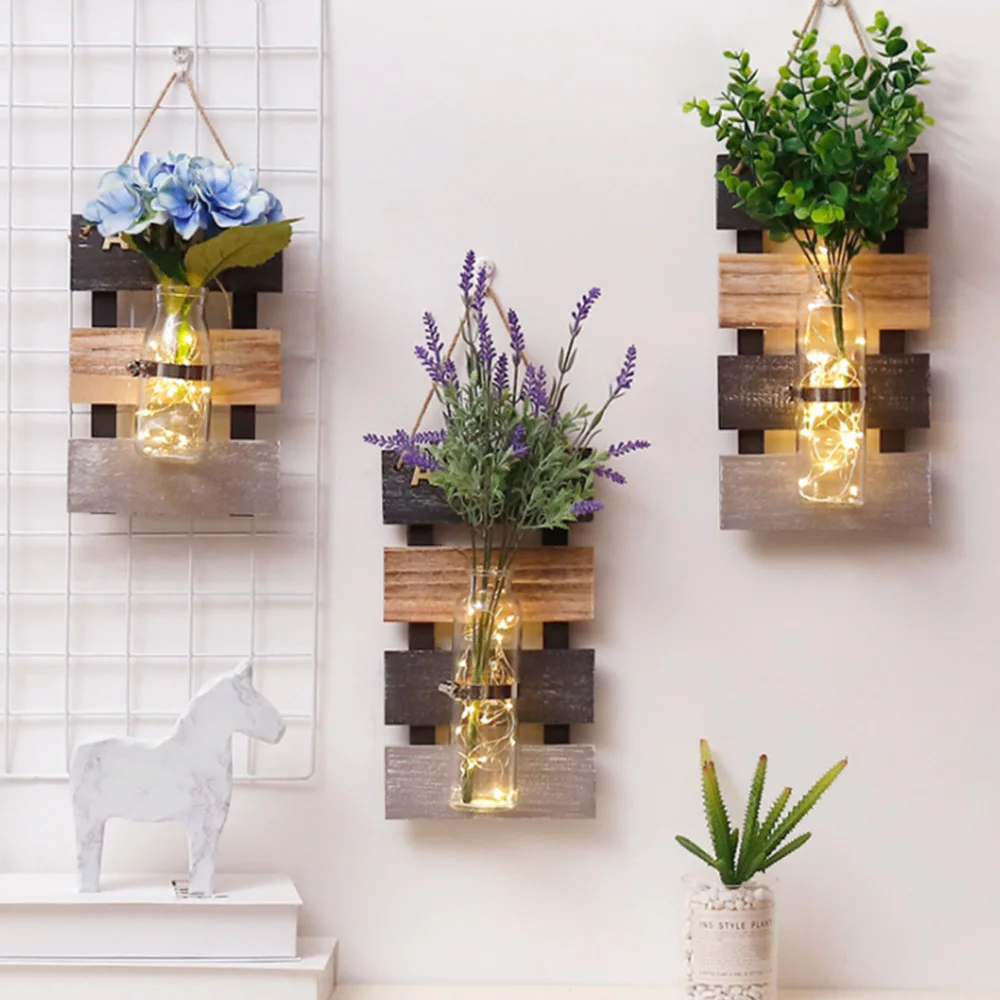 

Creative Hydroponic Plant Glass Vase Pastoral Decoration Home Wall Hanging Wooden Flower Arrangement Floeal Vase Light