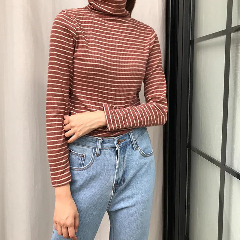 Comprar 2018 Otoño Invierno mujer elástico cuello T camisas de manga larga de algodón grueso camisetas de rayas Mujer Slim montaje básico Casual Tops
