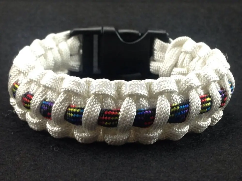 

White weave Paracord Bracelet with Dark Rainbow Stripe (custom size)