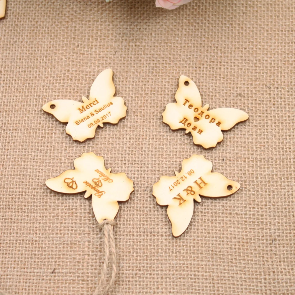 Customized Candy Tags of Butterfly Personalized Engraved Wood Hangs Butterfly Centerpieces Valentine Table Decoration Favors3