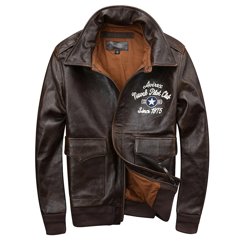 

HARLEY DAMSON Dark Brown Men USAF Pilot Leather Jacket Plus Size XXXL Genuine Cowhide Russian Spring Military Aviator Coat