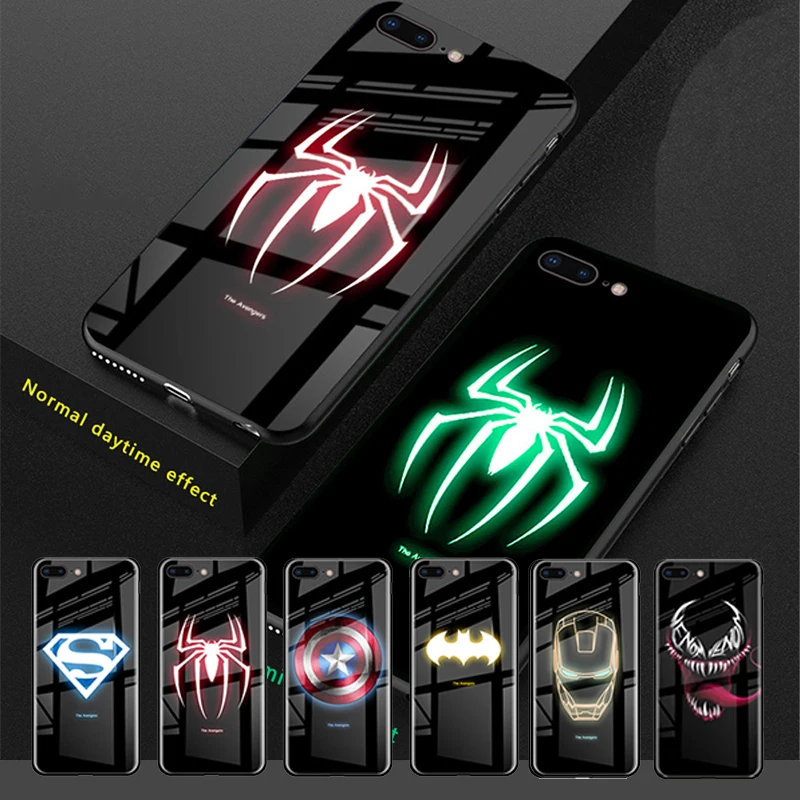 

For iphone 11 Pro Max Luminous Phone Case For iphone XR xs max 6 7 8 Plus Tempered Glass case Marvel Spiderman Iroman Light Mask