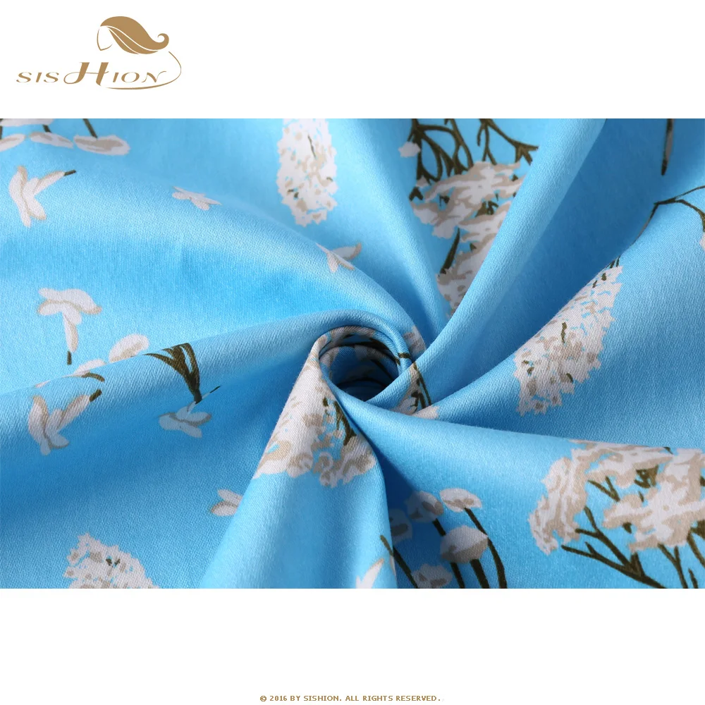 Plus Size Women's Sky Blue Floral Cotton Tunic Vintage Dress with Dandelion Print from SISHION image 6