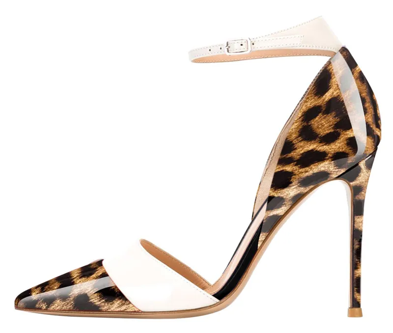 Patent Leather Black White Mixed Color High Heels Women Shoes Fashion Design Sexy Leopard Pumps Ankle Strap Wedding Shoes Woman