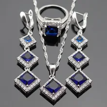 Piedras de Color Azul plata Blanco Circón Sistemas de La Joyería Para Las Mujeres de Color Plata Collar Colgante Anillos de Regalo
