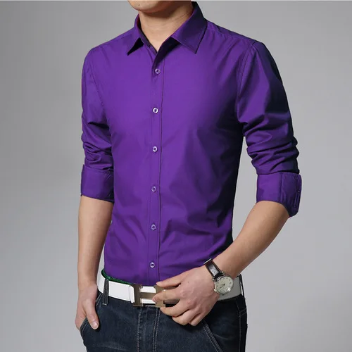 Летняя новая модель чистый цвет бизнес человек досуг раз Футболка Высокое качество модная мужская рубашка с длинным рукавом мужские рубашки - Цвет: Фиолетовый