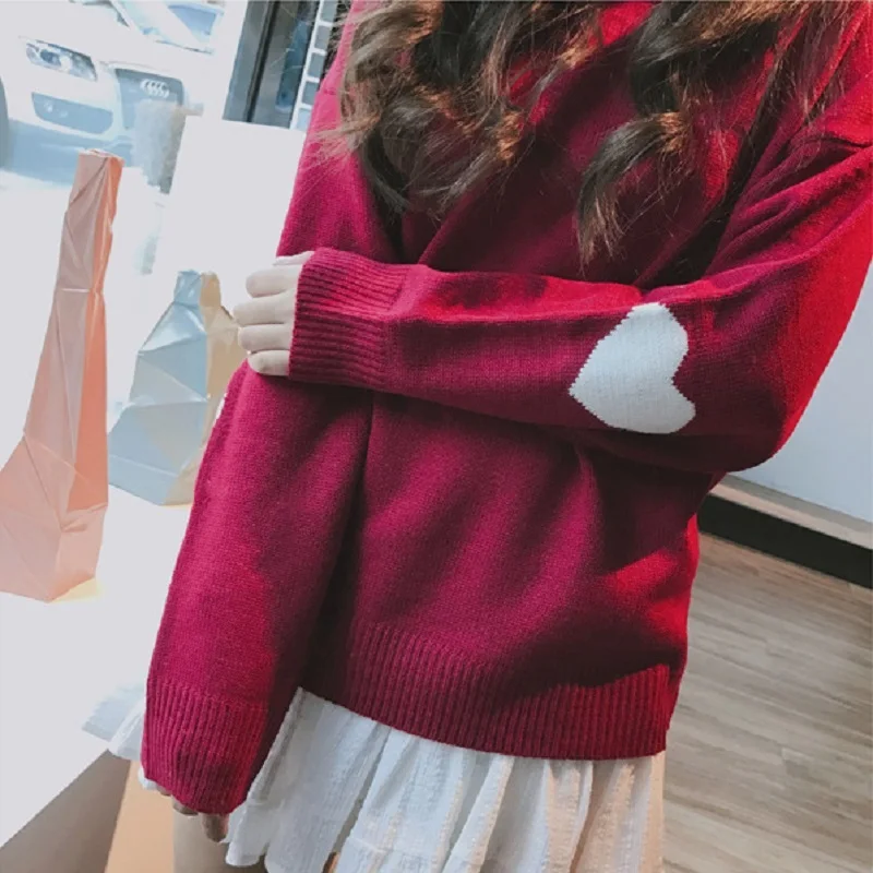 Осень корейский Зимний ulzzang Модный пуловер в форме сердца круглый вырез свободный свитер в повседневном стиле шикарный Harajuku японский женский свитер - Цвет: red