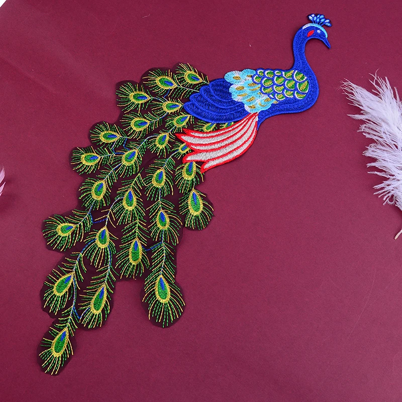 1pcs DIYColorful Sequins Peacock Embroidery Fabric Large Applique Patch African Lace Sew Dress Cloth Decorate Accessory