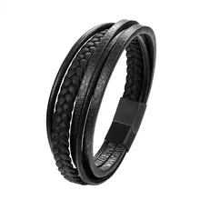 Кожаный браслет в стиле панк для мужчин, многослойный Плетеный браслет из нержавеющей стали с застежкой, мужские ювелирные изделия, лучшие подарки