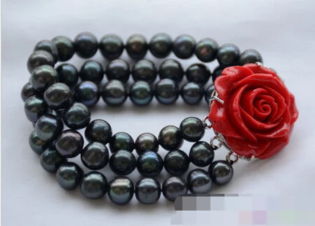 

Hot sell Noble- FREE SHIPPING>>>@@ > 01150 3row 8" black round freshwater pearl bracelet