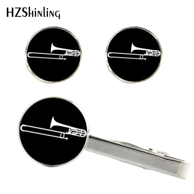 

2017 New Trombone Clips & Cufflinks Bass Clarinet Tie Clip Musical Instrument Cufflink Glass Gifts For Musician CT-0062