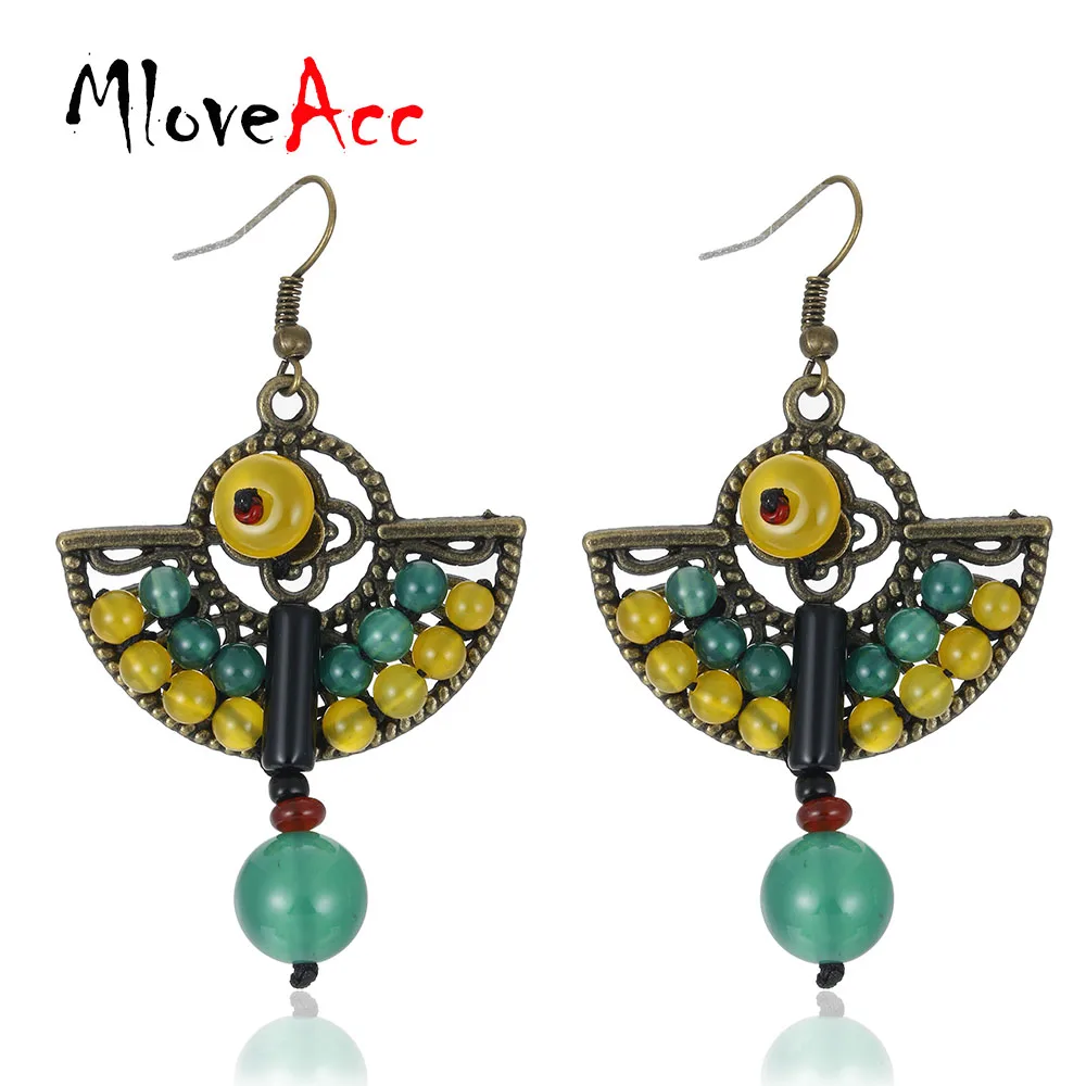 

MloveAcc Women Vintage Ethnic Natural Stone Drop Earrings Elegant Handmade Palace Fan Shape Pendant Dangle Earrings Jewelry Gift