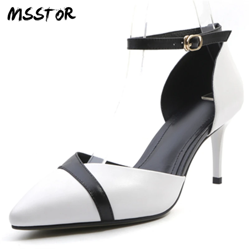 

MSSTOR Mixed Colors Hollow Women Shoes 2018 White Pointed Toe Office Fashion Thin Heels Leather Sandals Women Buckle Summer Shoe