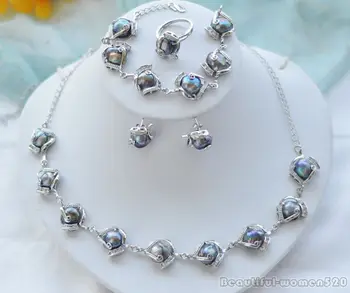 

Lovely Women's Jewelry Set black baroque freshwater pearl earring bracelet necklace genuine natural freshwater 925