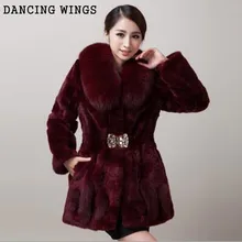 Russian Winter Warm Slim 100% Genuine Rex Rabbit Fur Coat With Luxury Fox Fur Collar Outwear MM-23