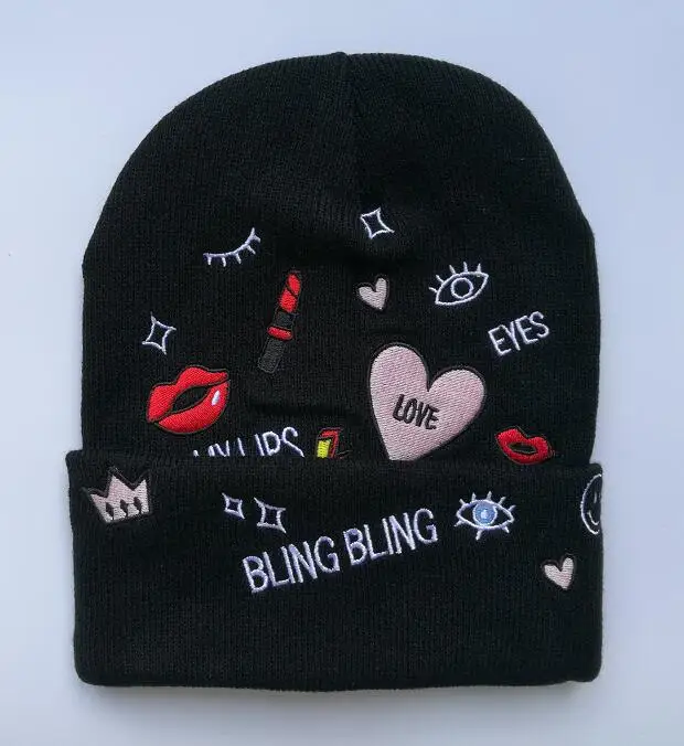 Вышитые bling Глаза любовь шапка в стиле хип-хоп кепки зимний теплый для катания на лыжах череп шляпа наручники для мужчин женщина