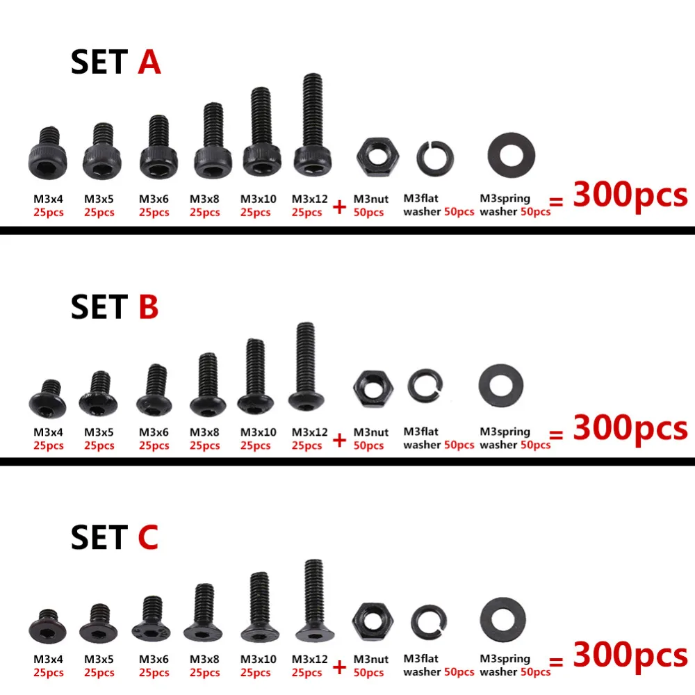 300 шт./компл. M3 винтов гаек комплект; Цвет Черный; обувь на плоской подошве с полукруглой головкой с шестигранной головкой болт с мелким углём кабельные наконечники в наборе для