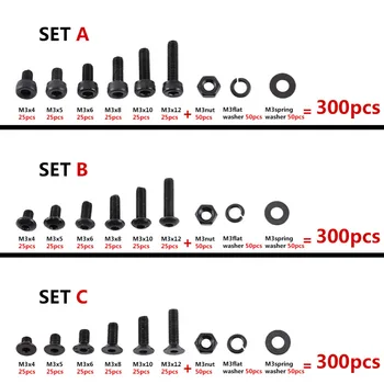 

300pcs/set M3 Screws Nuts Set Kit Black Flat Button Head Hex Socket Screw Bolt with Nuts Assortment Kit Wholesale
