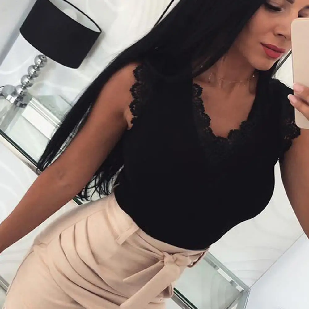 

Womens Fashion Summer Sleeveless Summer Sexy Casual V-Neck Sleeveless Lace Design Tank Top