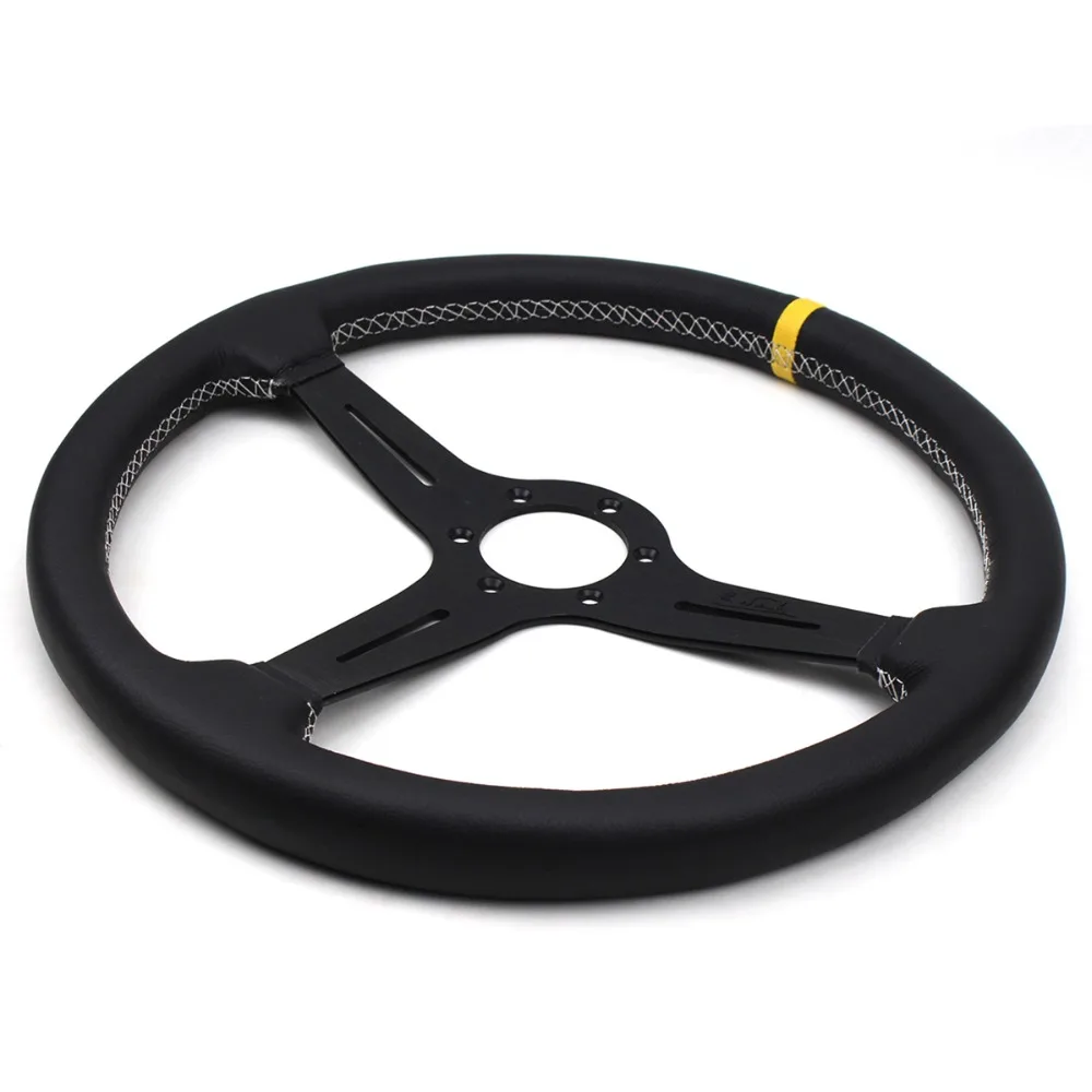 Спортивный руль 380 мм 15 дюймов кожаный черный титановый спицевый белый сшитый