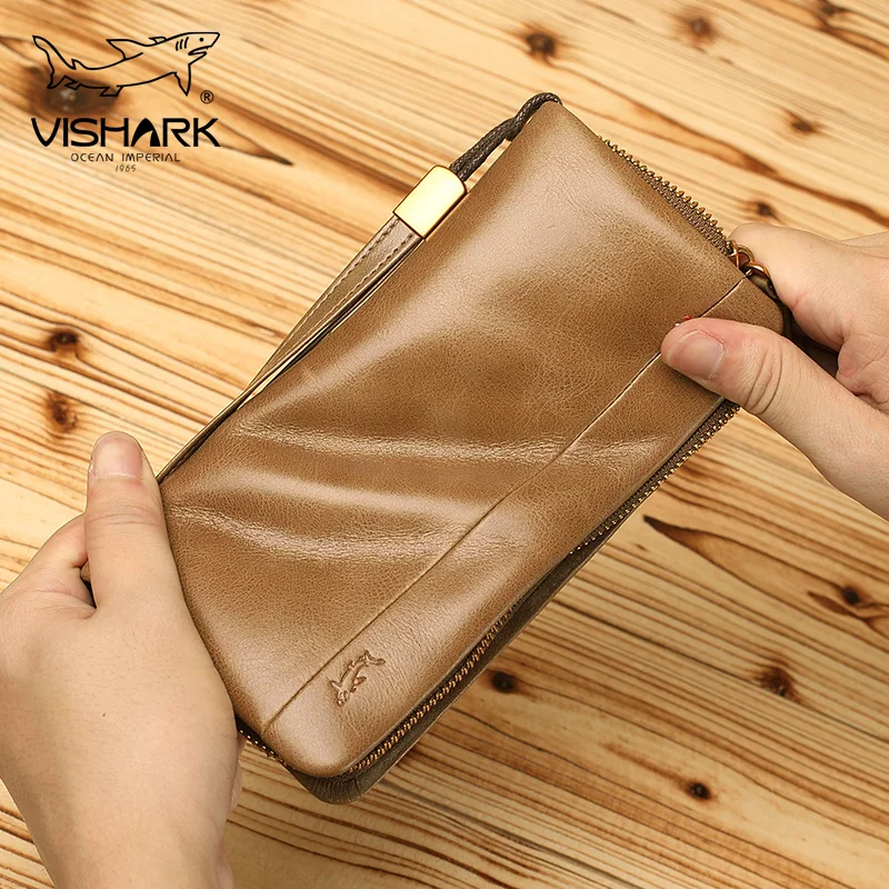 

VISHARK Cow Genuine Leather Old School Man Clutch Bag & Card & IDs Holders Large Capacity Cellphone Fit in for Male 2019