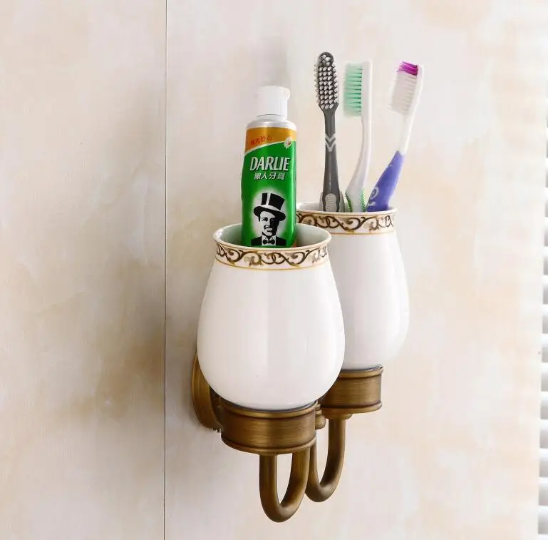 Держатели для чашек и стаканов латунь античный/Черный стакан держатель для зубной пасты и щетки с двойной резной аксессуары для ванной комнаты 9198 K - Цвет: Antique