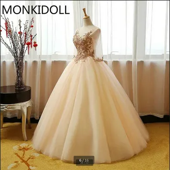 

Prom dresses 2017 champagne ball gown lace appliques beading prom dress 3/4 sleeve plus size princess cheap prom gowns hot sale