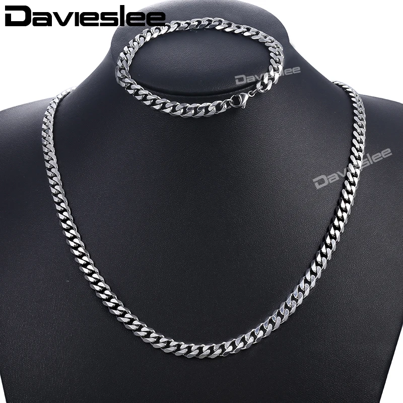 Davieslee Mens Jewelry Sets Silver Stainless Steel Curb Cuban Chain