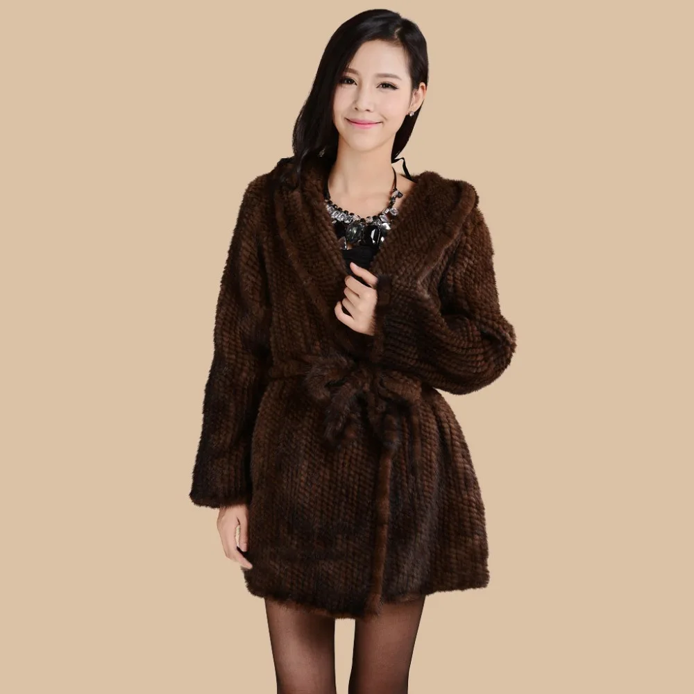 

Fur Story 15180 New Fashion Knitted Women's Real Mink Fur Coat Hooded with Belt Plus Size 5XL 6XL Long Real Fur Coat Female